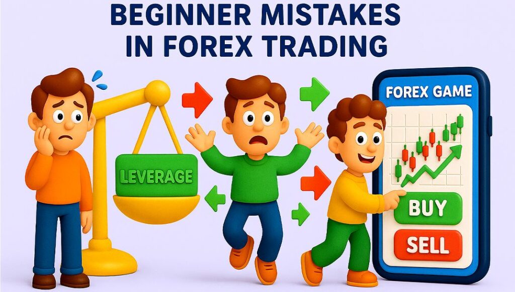 Beginner mistakes in Forex trading illustrated with leverage imbalance, emotional trading, and use of Forex Game app for safe practice with buy and sell options