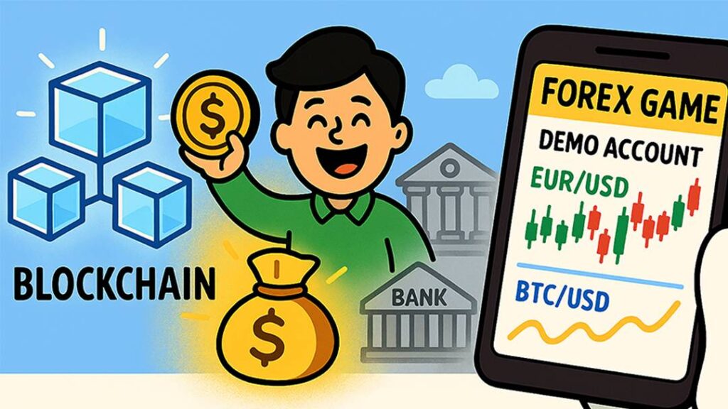 Beginner trader holding money with blockchain blocks, Forex Game demo account showing EUR/USD and BTC/USD charts