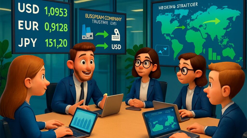 Corporate executives in a meeting discussing Forex strategies with laptops, exchange rates (USD, EUR, JPY) on screens, and a world map for global trading.
