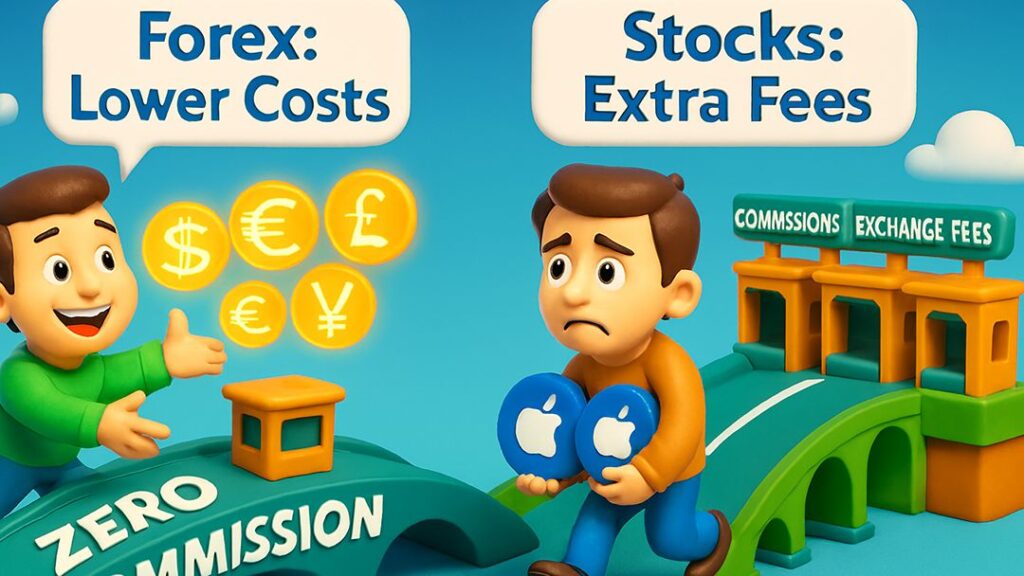 Illustration comparing Forex with lower costs and zero commission versus stocks with extra fees such as commissions and exchange charges.