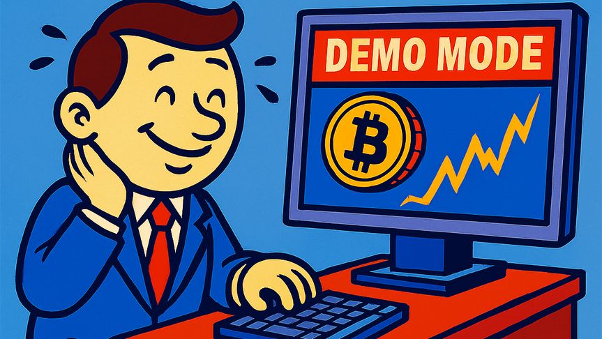 Demo mode trading Bitcoin on computer illustration for beginners.