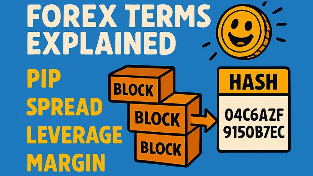 Forex terms explained with blocks and hash example, showing pip, spread, leverage, and margin connected to blockchain hashing.