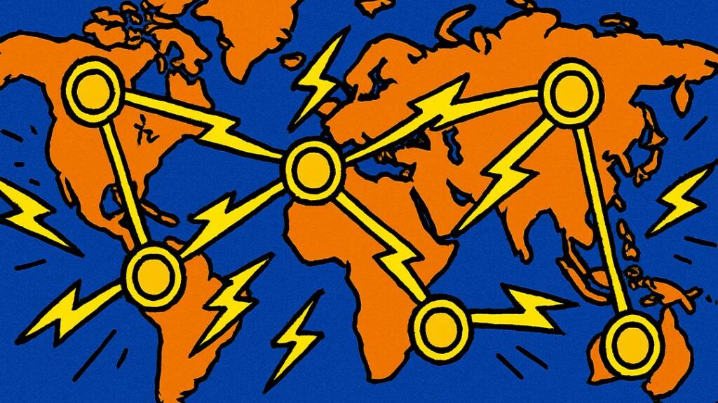 Bitcoin system explained: global peer-to-peer network of nodes connected across continents.
