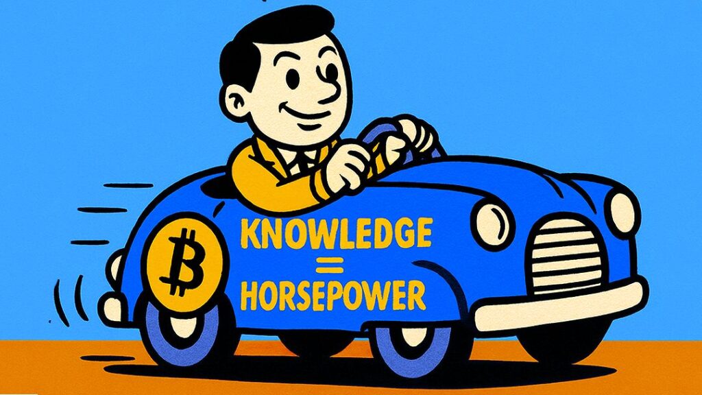 Bitcoin knowledge as horsepower, illustrated with a man driving a car powered by crypto, symbolizing how understanding distributed ledger technology gives trading advantage.