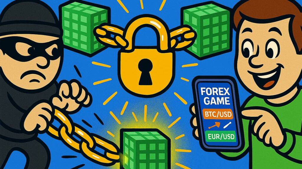 Blockchain immutability and security illustration showing hacker blocked by cryptographic chain, padlock symbol, and Forex Game app with BTC/USD and EUR/USD trading.