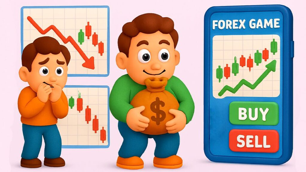 Forex trading psychology illustration showing emotional fear during losses, confidence with profits, and practicing strategies on Forex Game app with buy and sell options