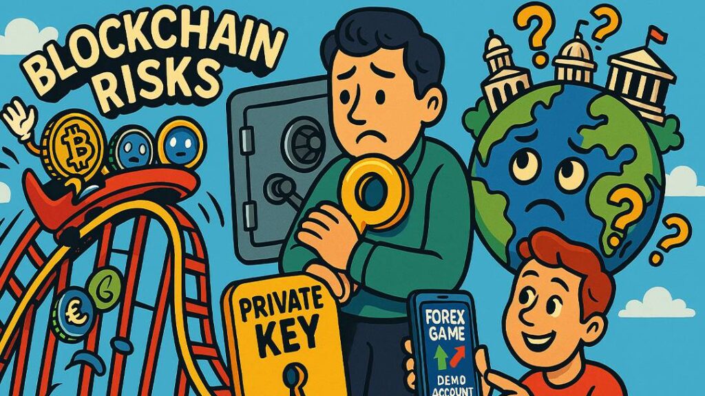 Blockchain risks illustration showing cryptocurrency volatility, private key security, regulation challenges, and Forex Game demo account for beginners