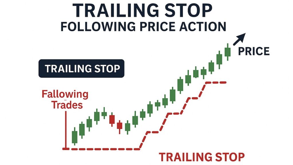 Forex risk management with trailing stop strategy following price action on candlestick chart.