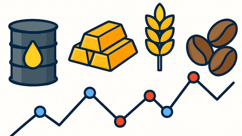 Commodity trading icons showing oil barrel, gold bars, wheat, coffee beans, and a rising price chart.