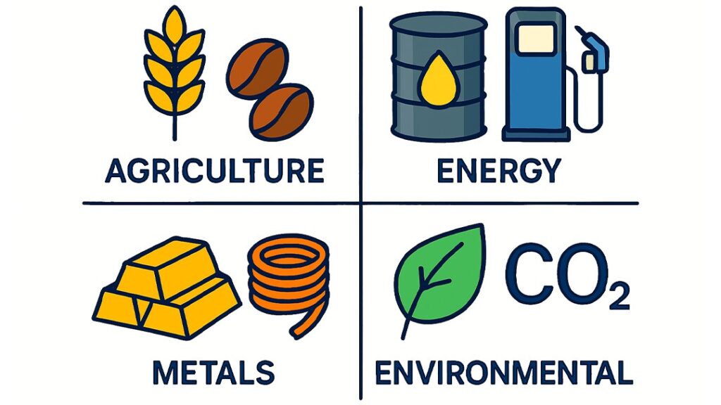 Four categories of commodity trading: agriculture with wheat and coffee, energy with oil barrel and fuel pump, metals with gold and copper, and environmental with CO2 credits.