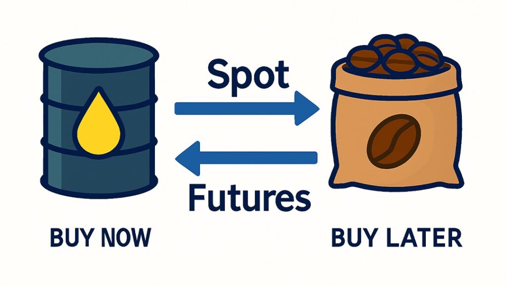 Illustration showing spot vs futures trading: oil barrel with ‘buy now’ and coffee sack with ‘buy later’.