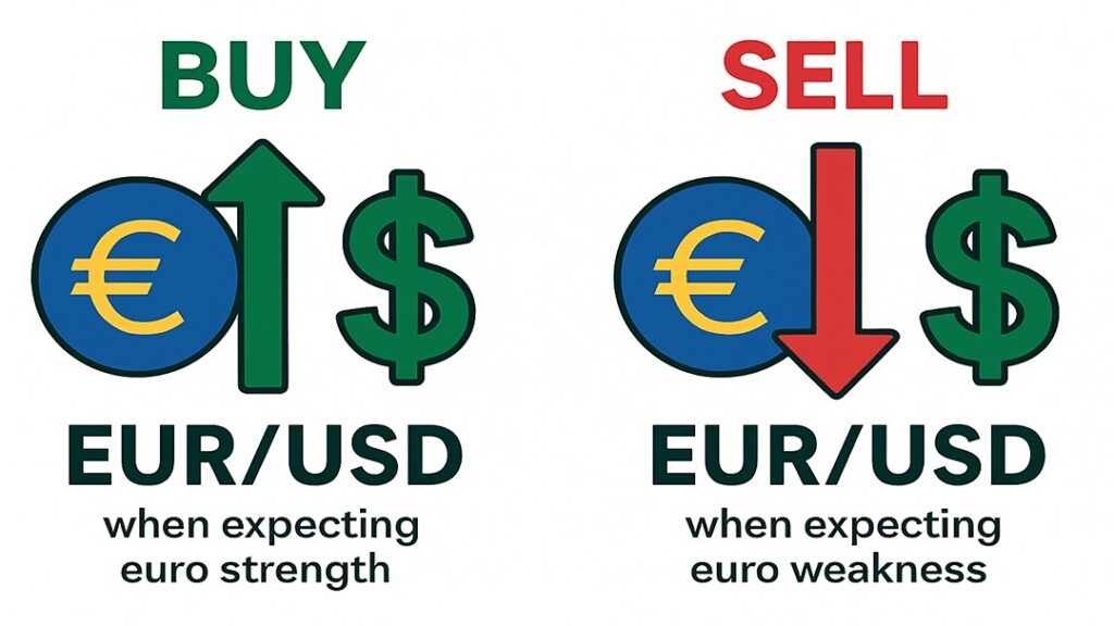 Forex EUR/USD trading example: Buy when expecting euro strength, sell when expecting euro weakness.