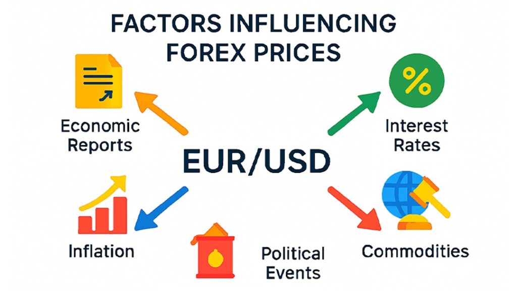 Factors influencing Forex prices: economic reports, inflation, rates, politics, commodities.
