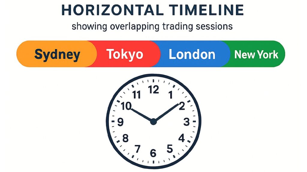 Horizontal timeline of Forex sessions: Sydney, Tokyo, London, New York overlaps.