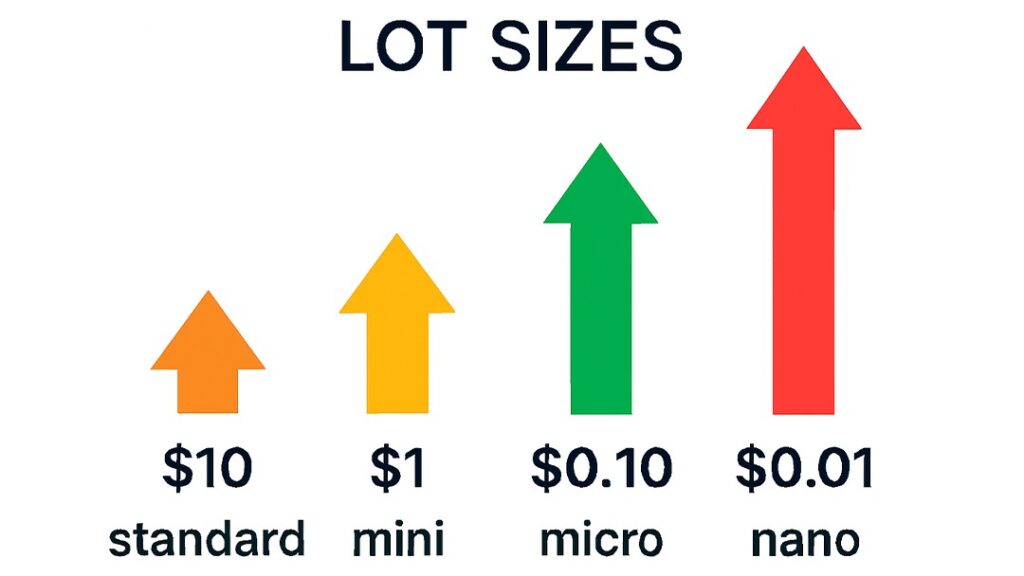 Forex lot sizes: standard $10, mini $1, micro $0.10, nano $0.01 with arrows.