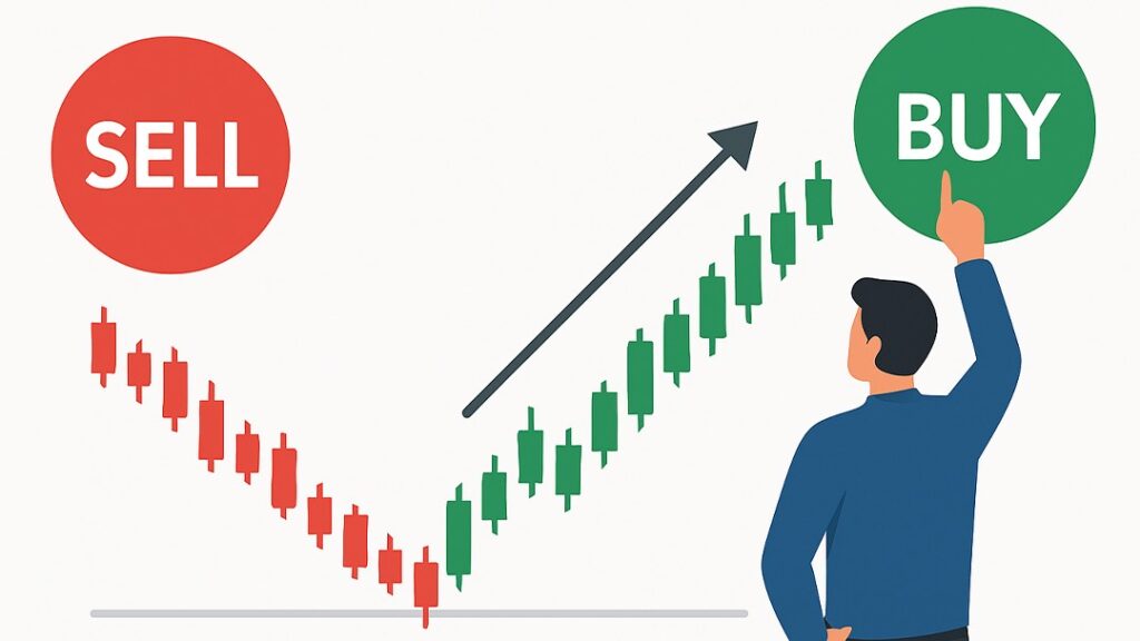 Candlestick chart showing a price reversal from red sell candles to green buy candles with an upward trend, symbolizing stock trading decisions.