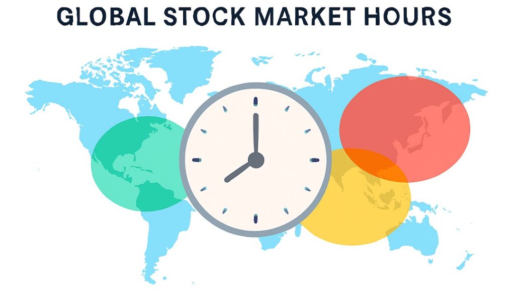 Global stock market hours illustrated with a world map and clock showing major trading sessions.
