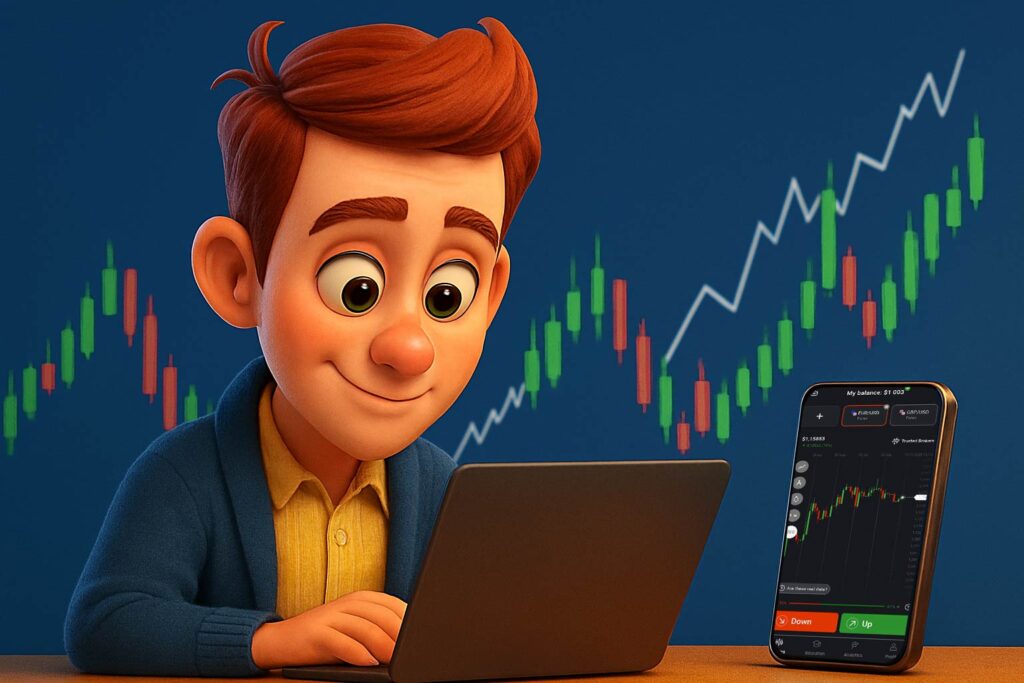 Illustration: a beginner at a laptop with a smartphone showing the app nearby.