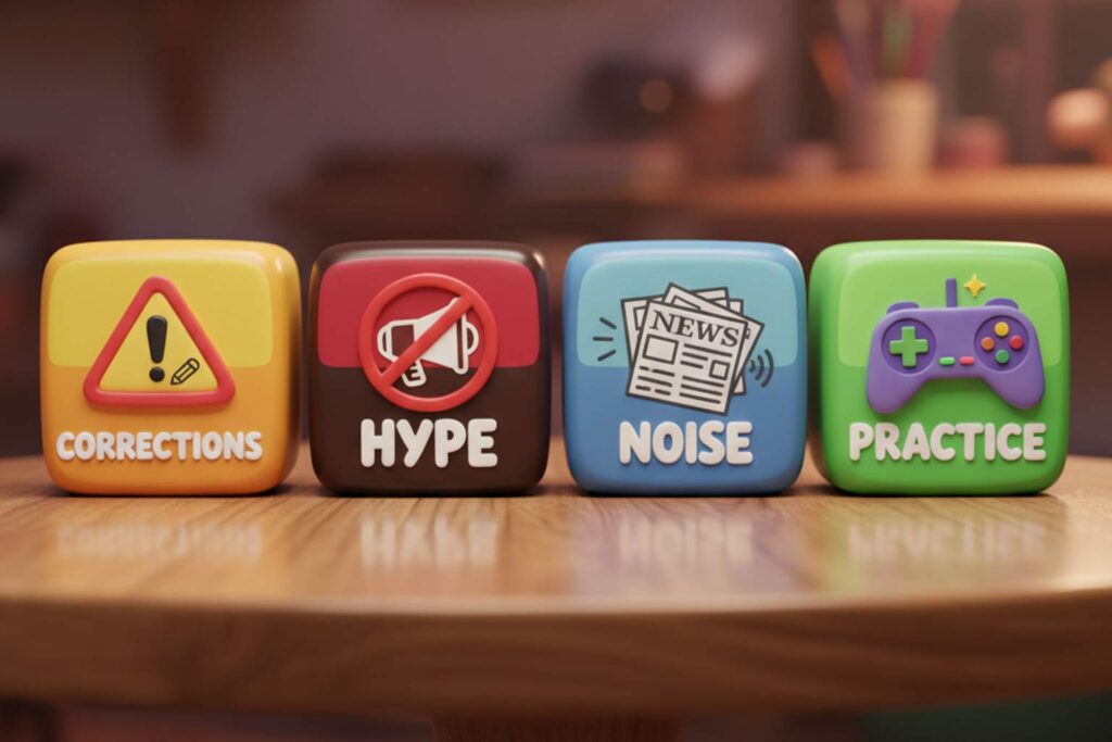 Infographic: 4 blocks with icons (Corrections, Hype, 📰 Noise, Practice).