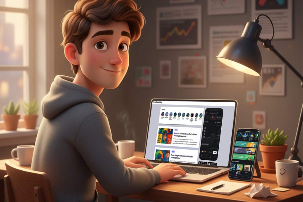 a novice trader at a laptop, with a smartphone with the Forex app nearby
